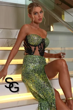 2Pcs Green Snake Print Maxi Dress Set