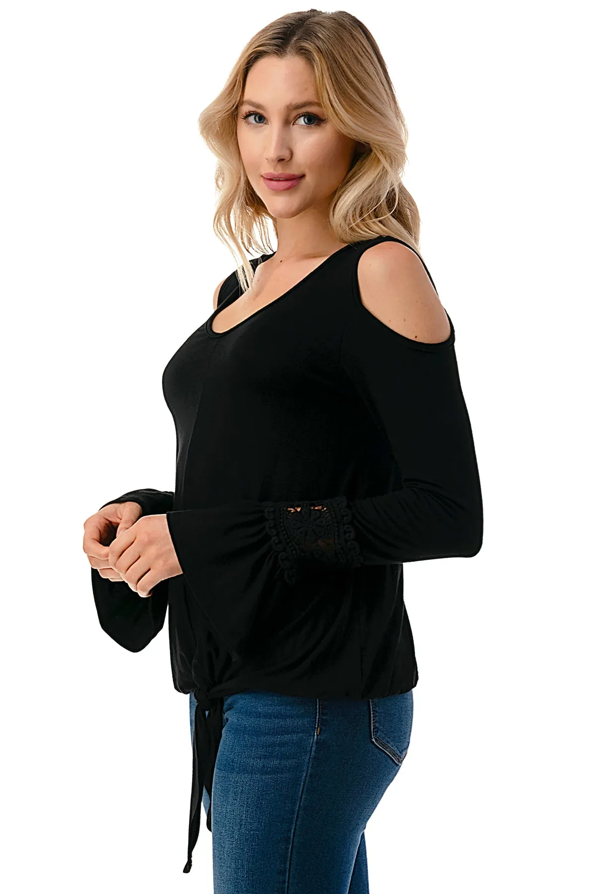 AGNES OPEN SHOULDER TOP (BLACK/SOLID BLACK)- VT2692