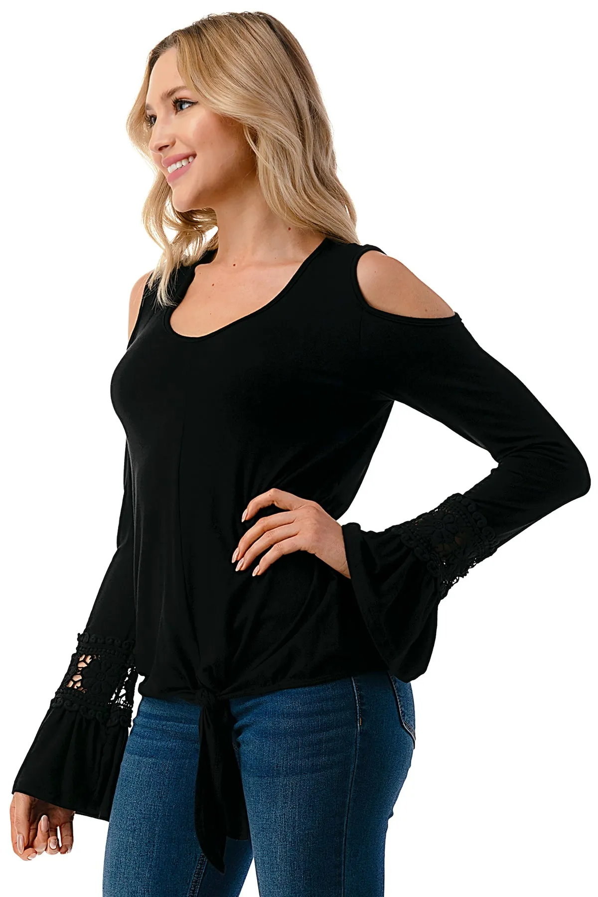 AGNES OPEN SHOULDER TOP (BLACK/SOLID BLACK)- VT2692
