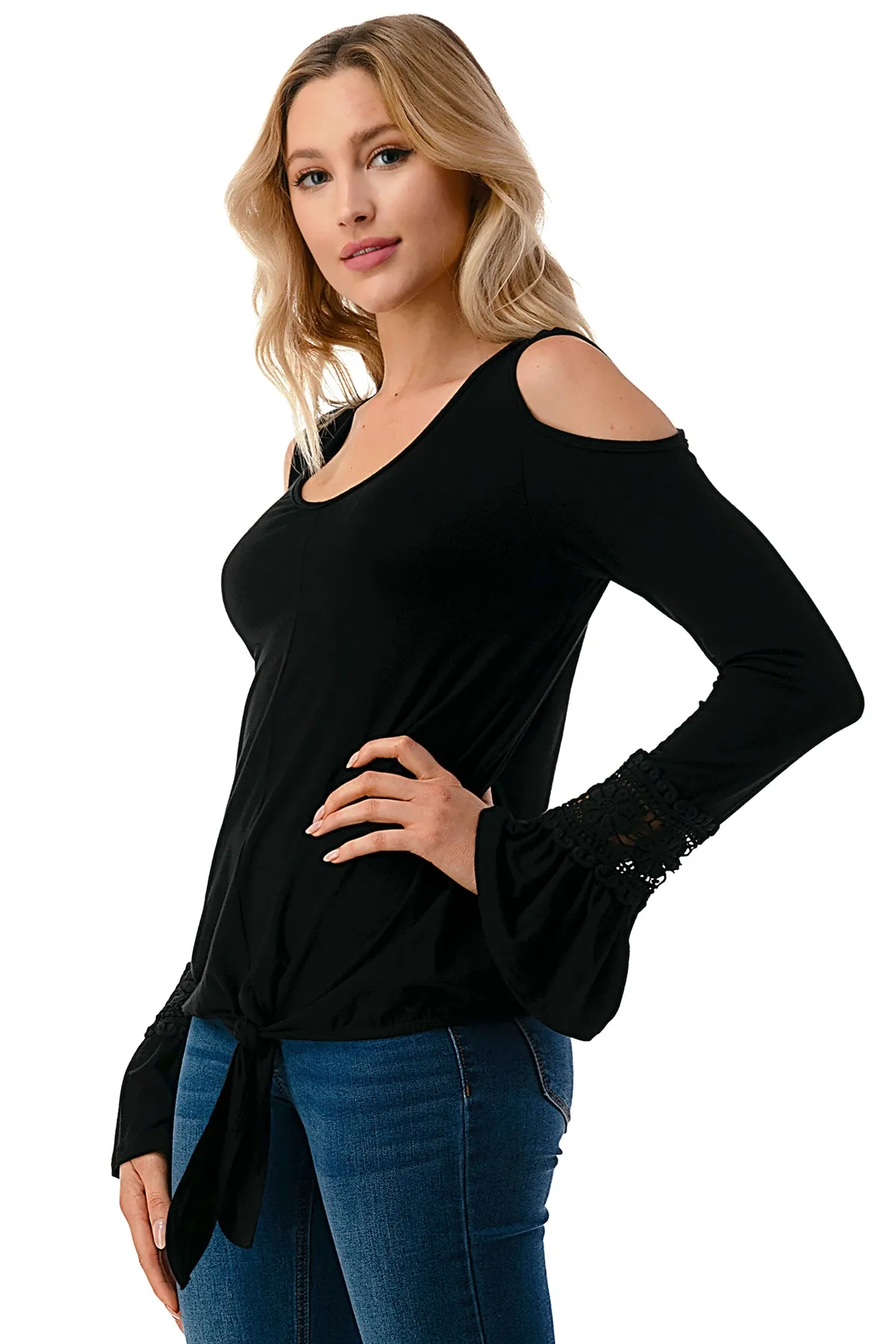 AGNES OPEN SHOULDER TOP (BLACK/SOLID BLACK)- VT2692