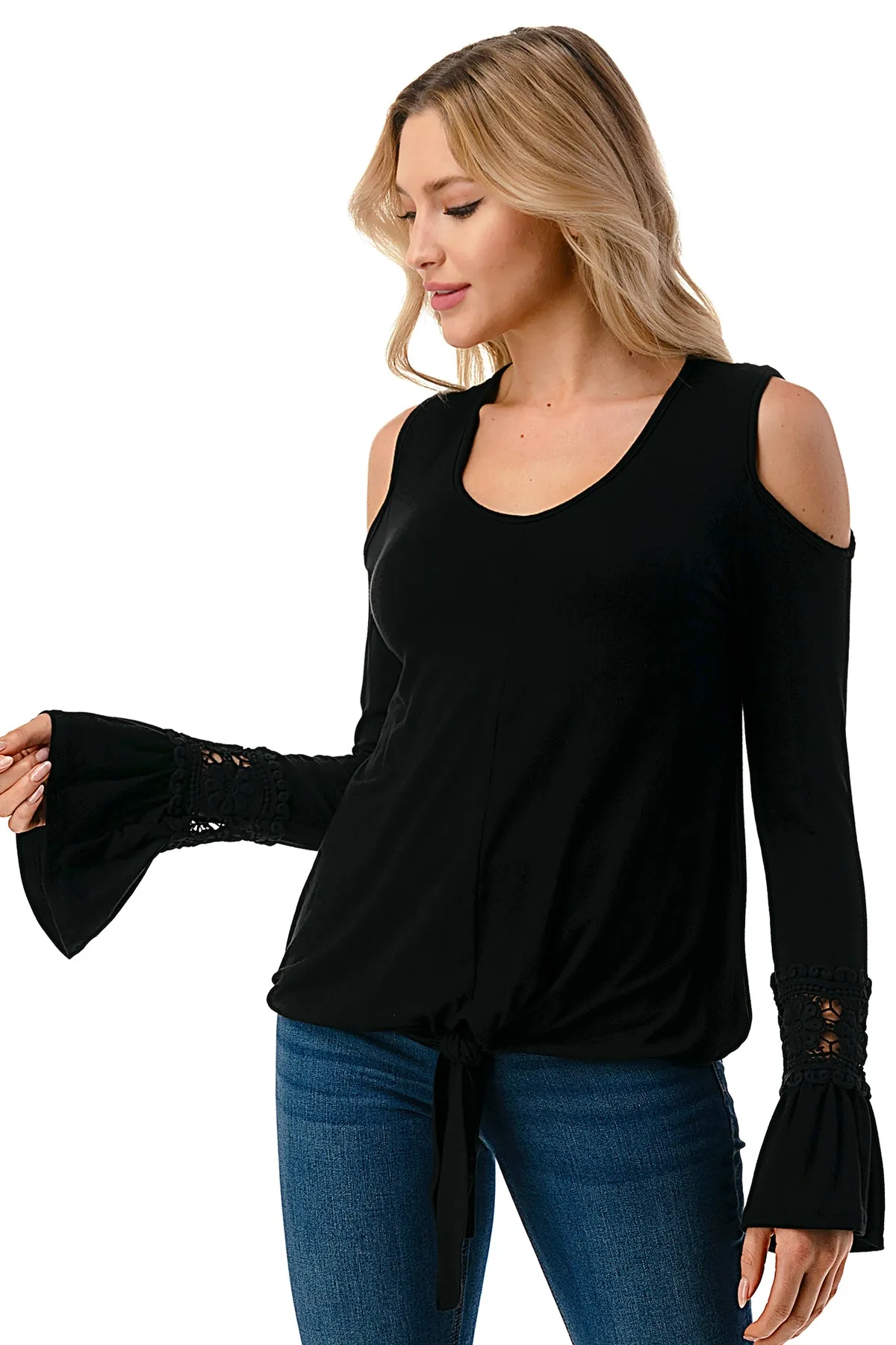AGNES OPEN SHOULDER TOP (BLACK/SOLID BLACK)- VT2692