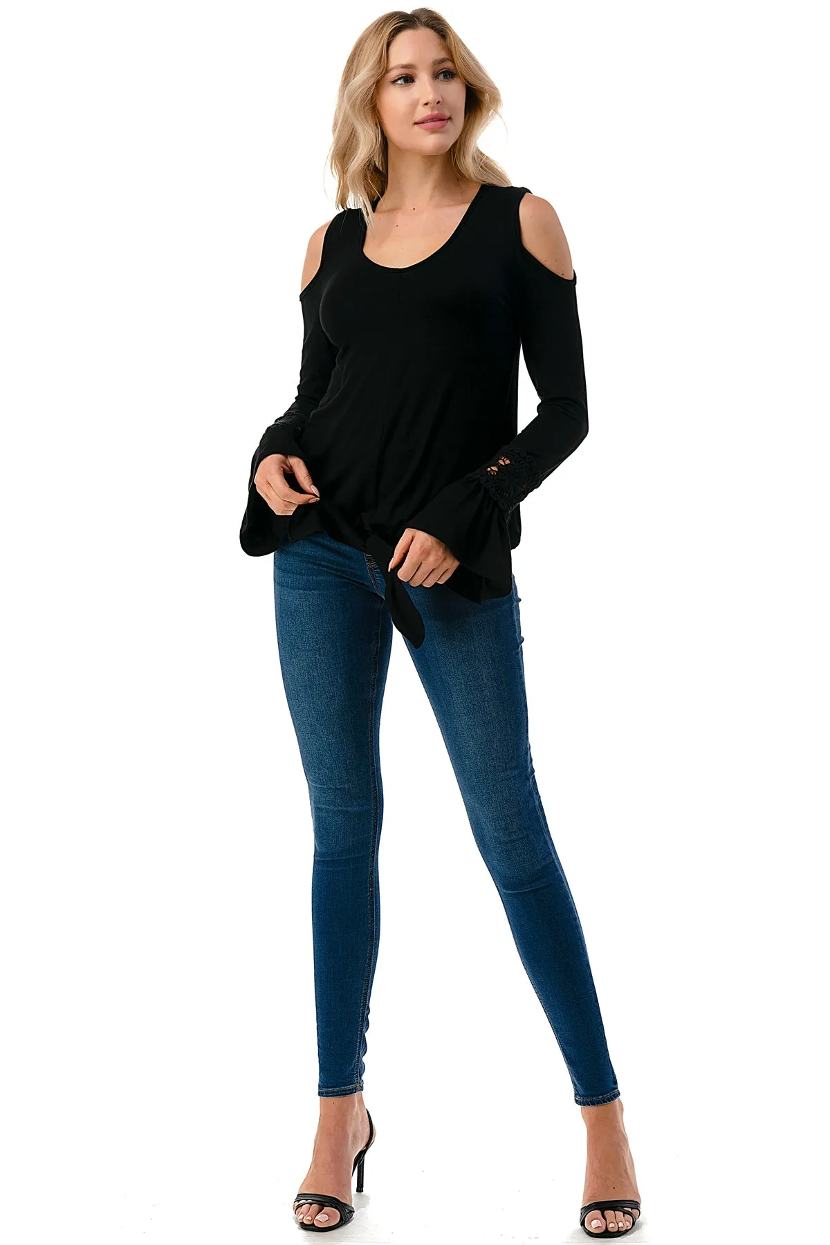 AGNES OPEN SHOULDER TOP (BLACK/SOLID BLACK)- VT2692