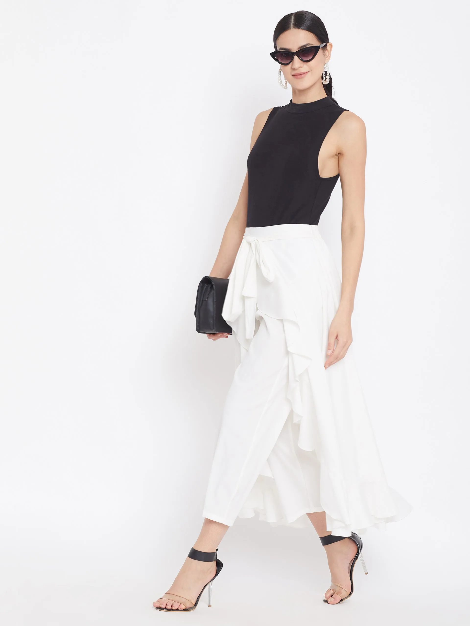 Berrylush Women Solid White Waist Tie-Up Ruffled Maxi Skirt with Attached Trousers