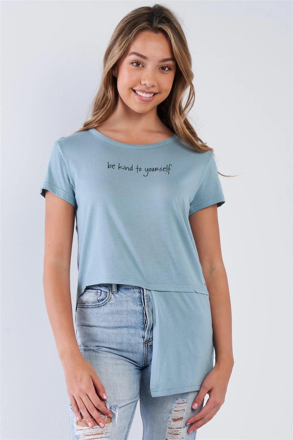 Blue Crew Neck Hi-lo Hem "Be Kind To Yourself" T-Shirt