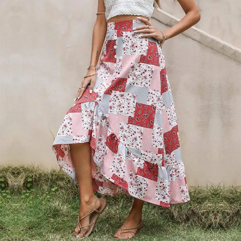 Boho Asymmetrical Skirt with Buttons and Ruffles