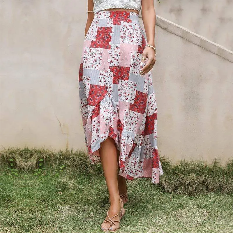 Boho Asymmetrical Skirt with Buttons and Ruffles