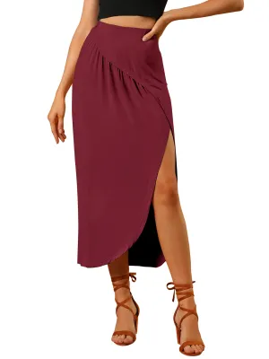 Burgundy Women's Split Ruched High Waist Summer Beach Long Maxi Skirt with Side Slit - Allegra K