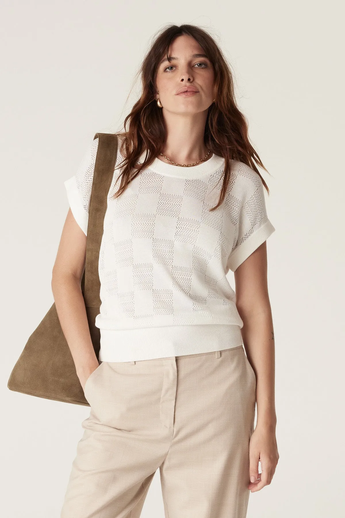 Checkerboard Knit Top - White