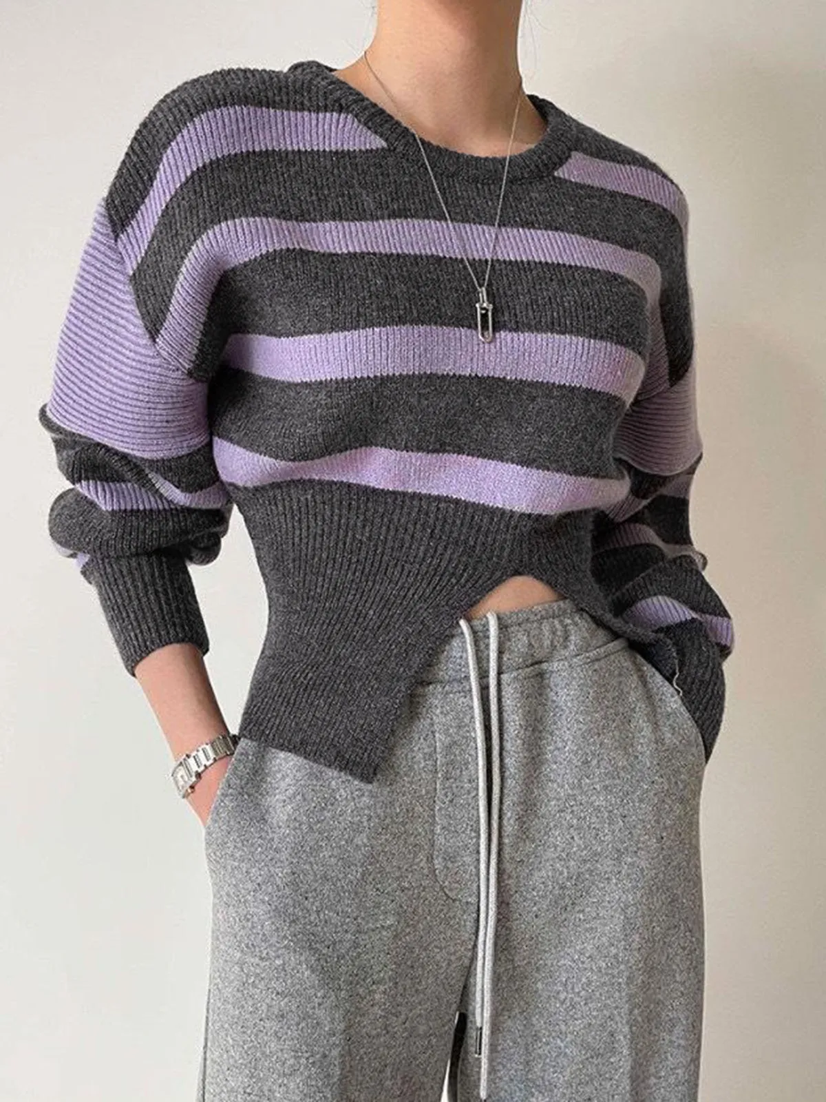 CHICMY- Stripe Asymmetric Notched Crop Sweater