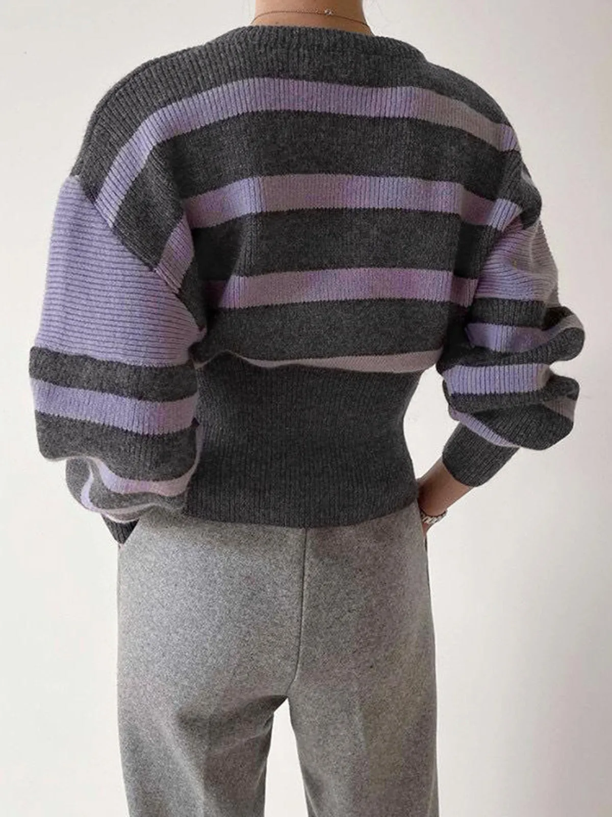 CHICMY- Stripe Asymmetric Notched Crop Sweater