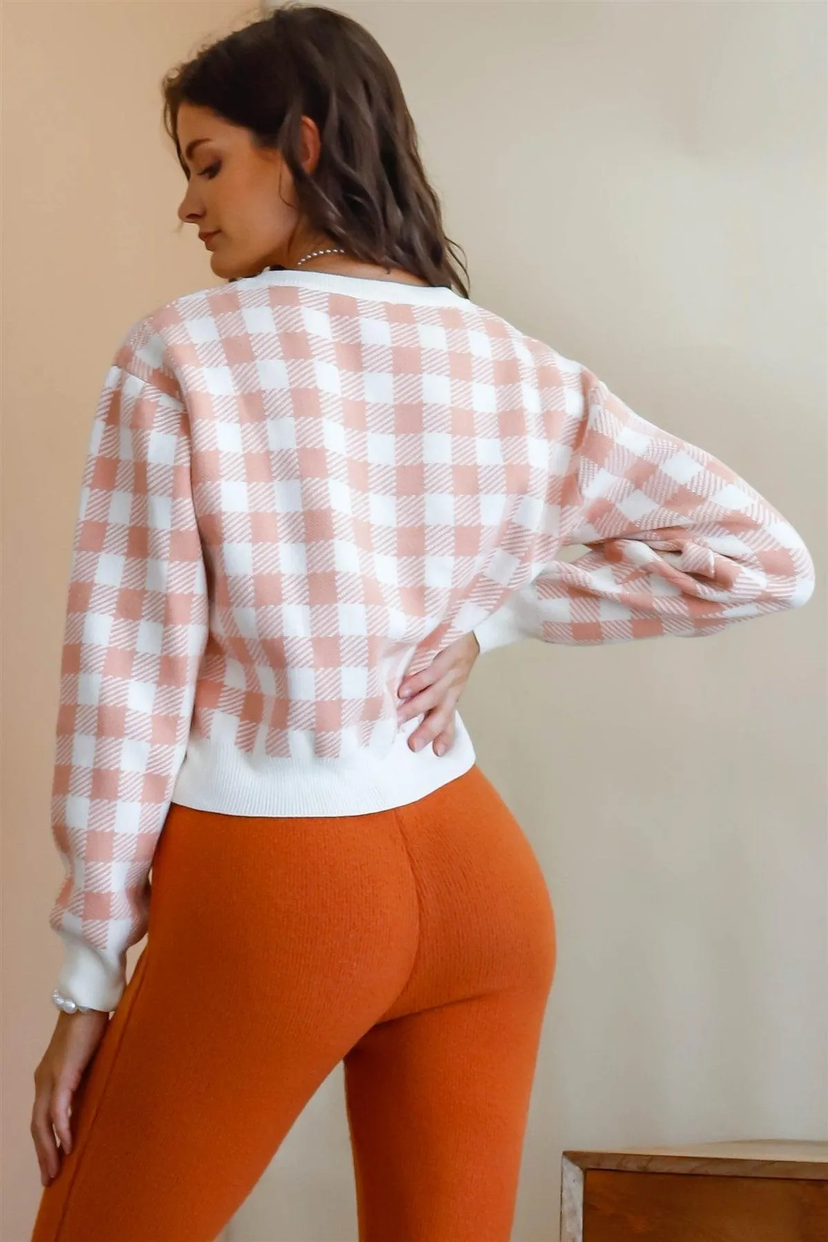 Cream & Pink Plaid Button Up Crop Cardigan /3-2-1