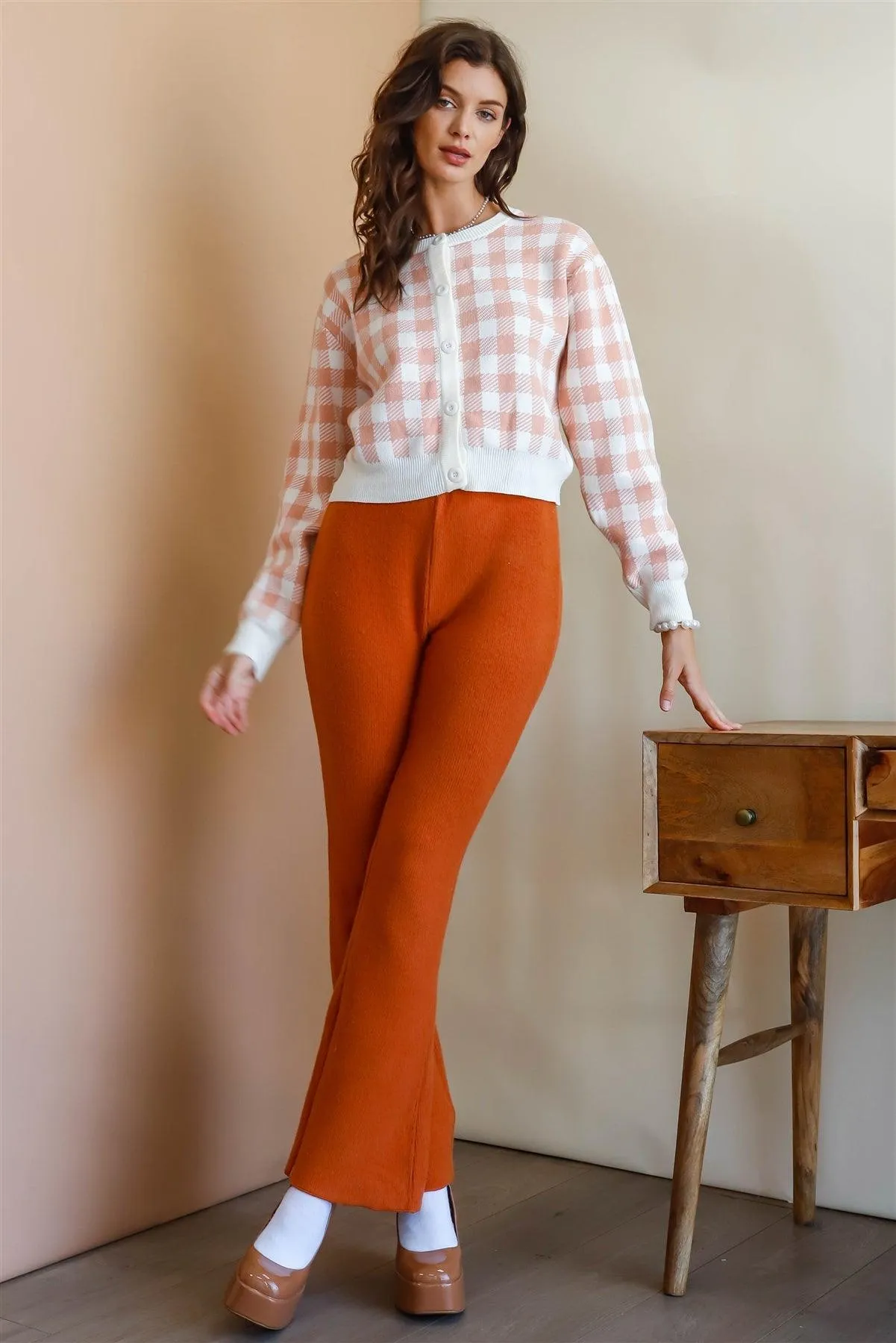 Cream & Pink Plaid Button Up Crop Cardigan /3-2-1