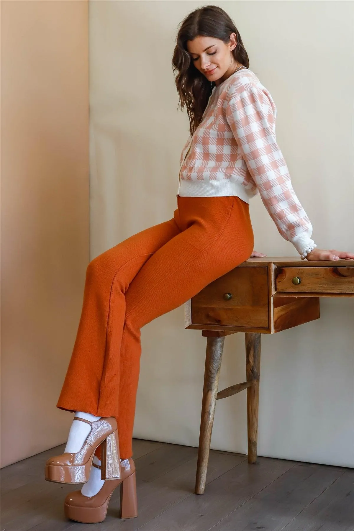 Cream & Pink Plaid Button Up Crop Cardigan /3-2-1