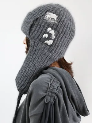 EARFLAP KNIT PATCH HAT GRAY