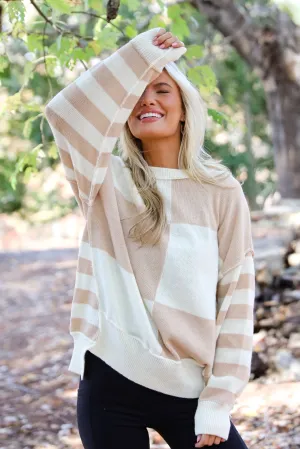 FINAL SALE - Ideal Charisma Taupe Striped Checkered Oversized Sweater