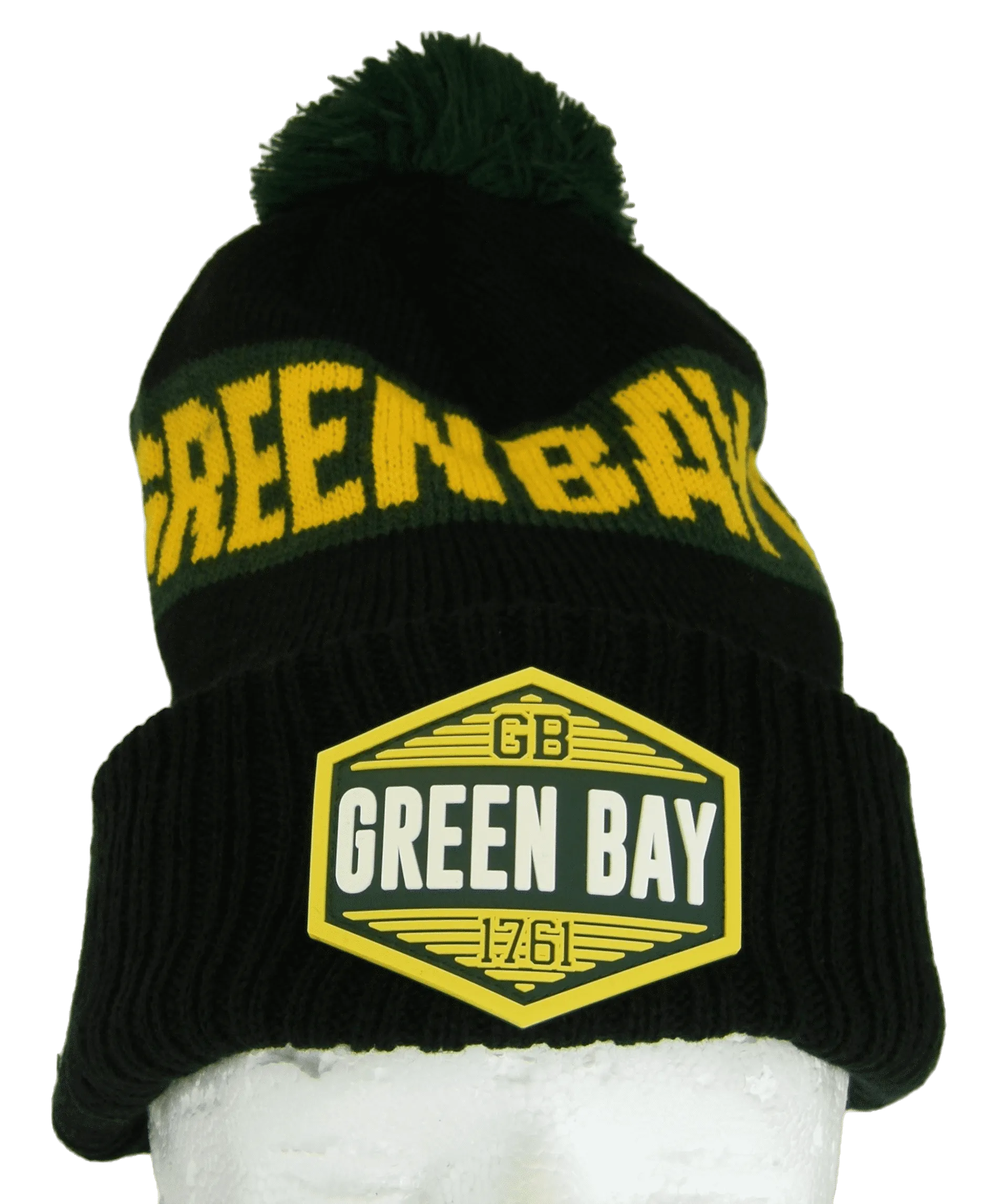 Green Bay City Name Winter Knit 3D Rubber Patch Pom Beanie Hat (Black/Green)