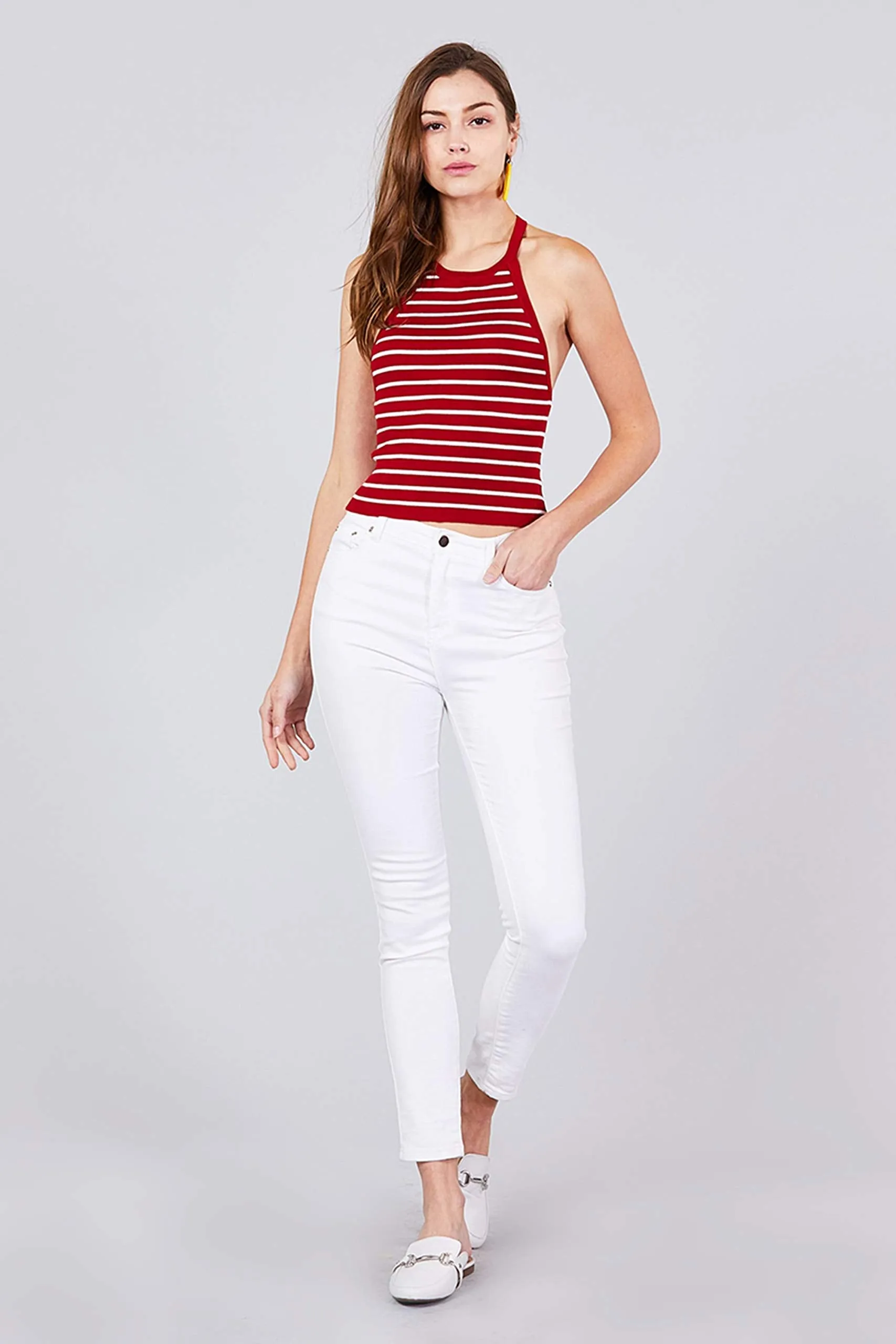 Khanomak Women's Halter Neck Striped Sweater Crop Top