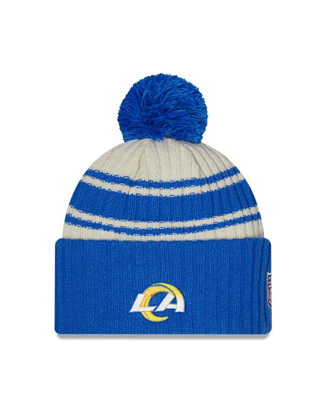 Los Angeles Rams New Era 2022 Sideline - Sport Cuffed Pom Knit Hat - Cream/Blue
