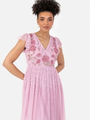 Maya Pink Rose Embellished Flutter Sleeve Maxi Dress