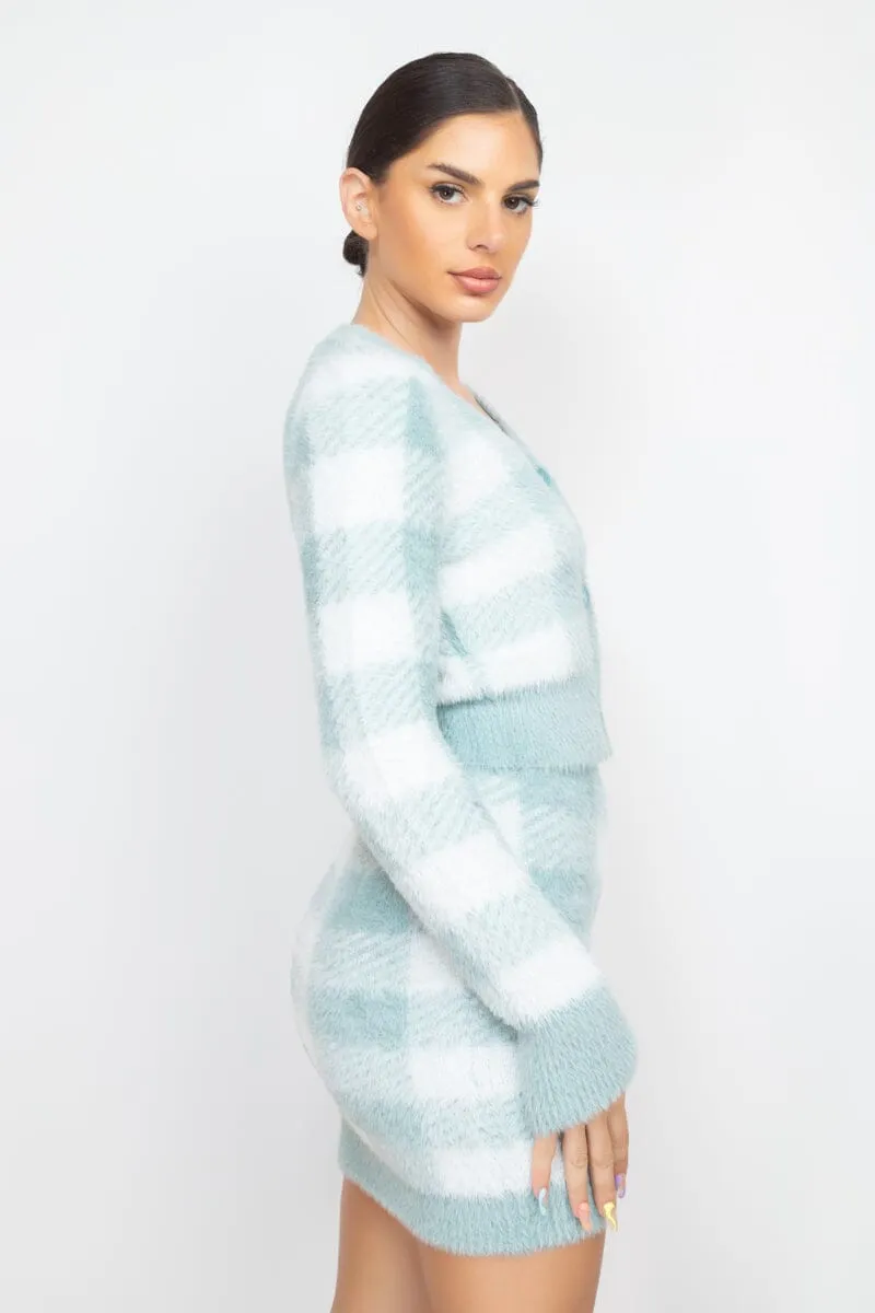 Mint Sage Blue Plaid Front Button Long Sleeve V Neck Crop Sweater Cardigan Top_