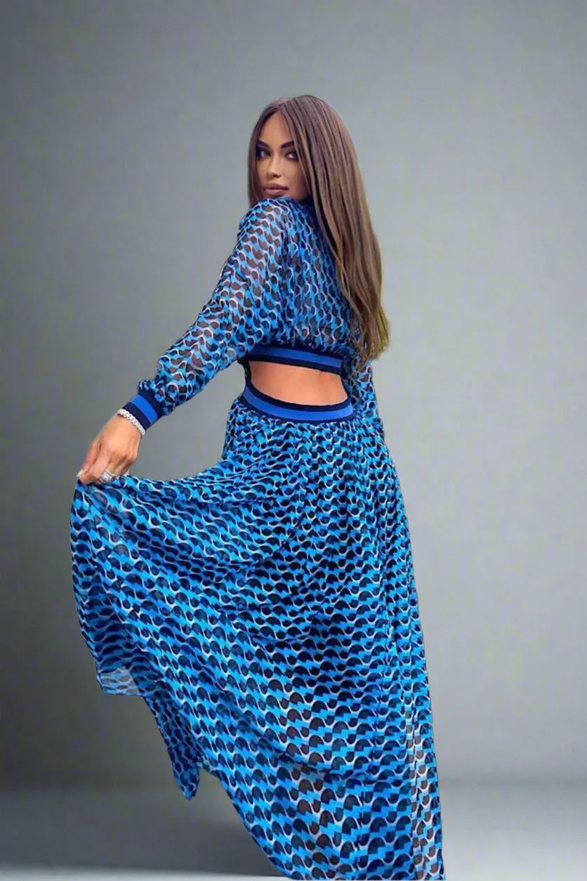 MIRA BLUE PRINT CUT OUT WAIST MAXI DRESS