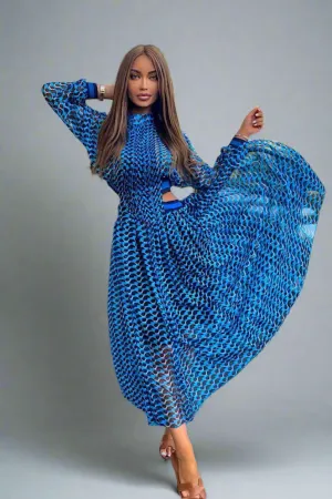 MIRA BLUE PRINT CUT OUT WAIST MAXI DRESS