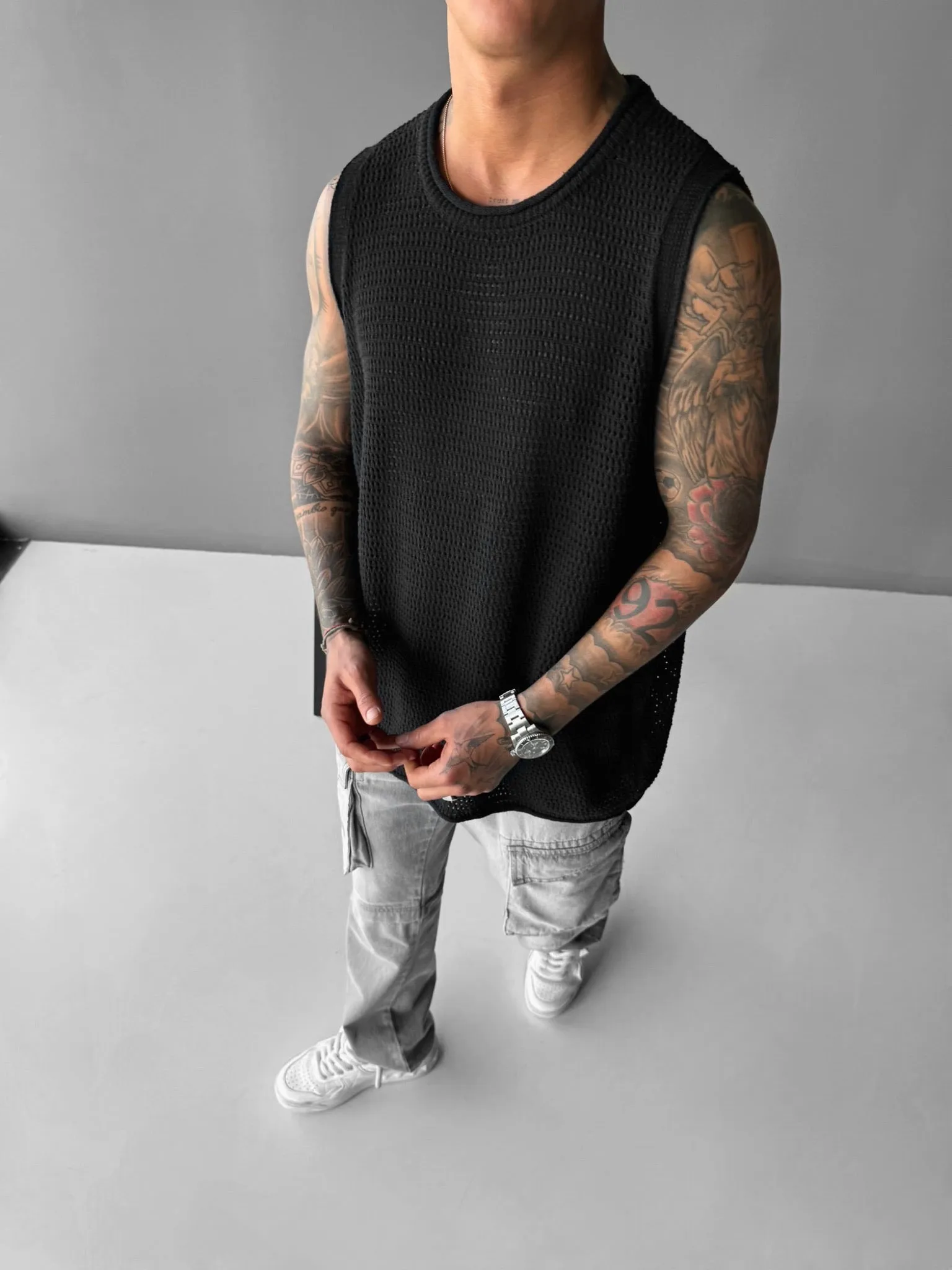 Oversize Knit Tank Top - Black