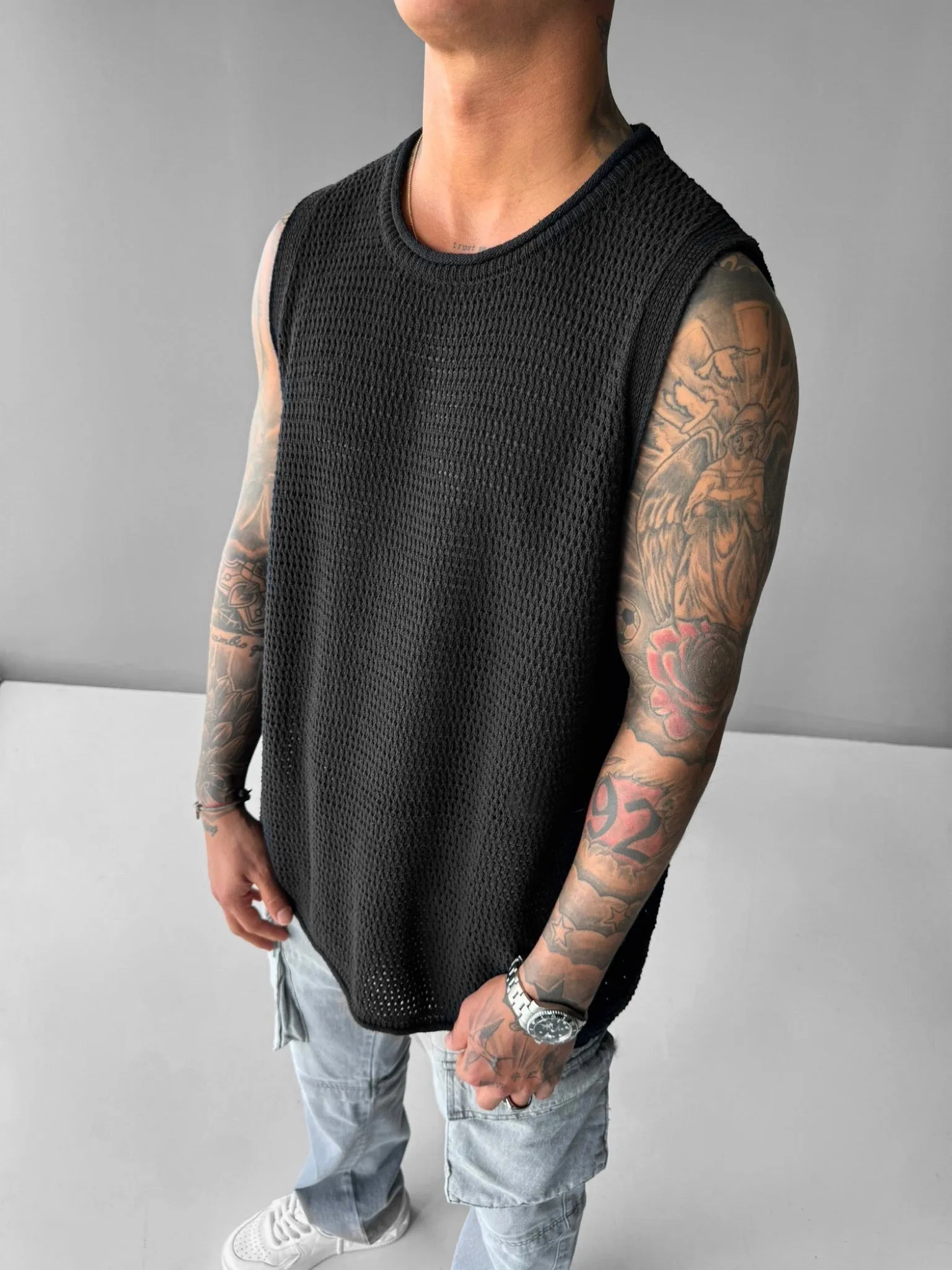 Oversize Knit Tank Top - Black