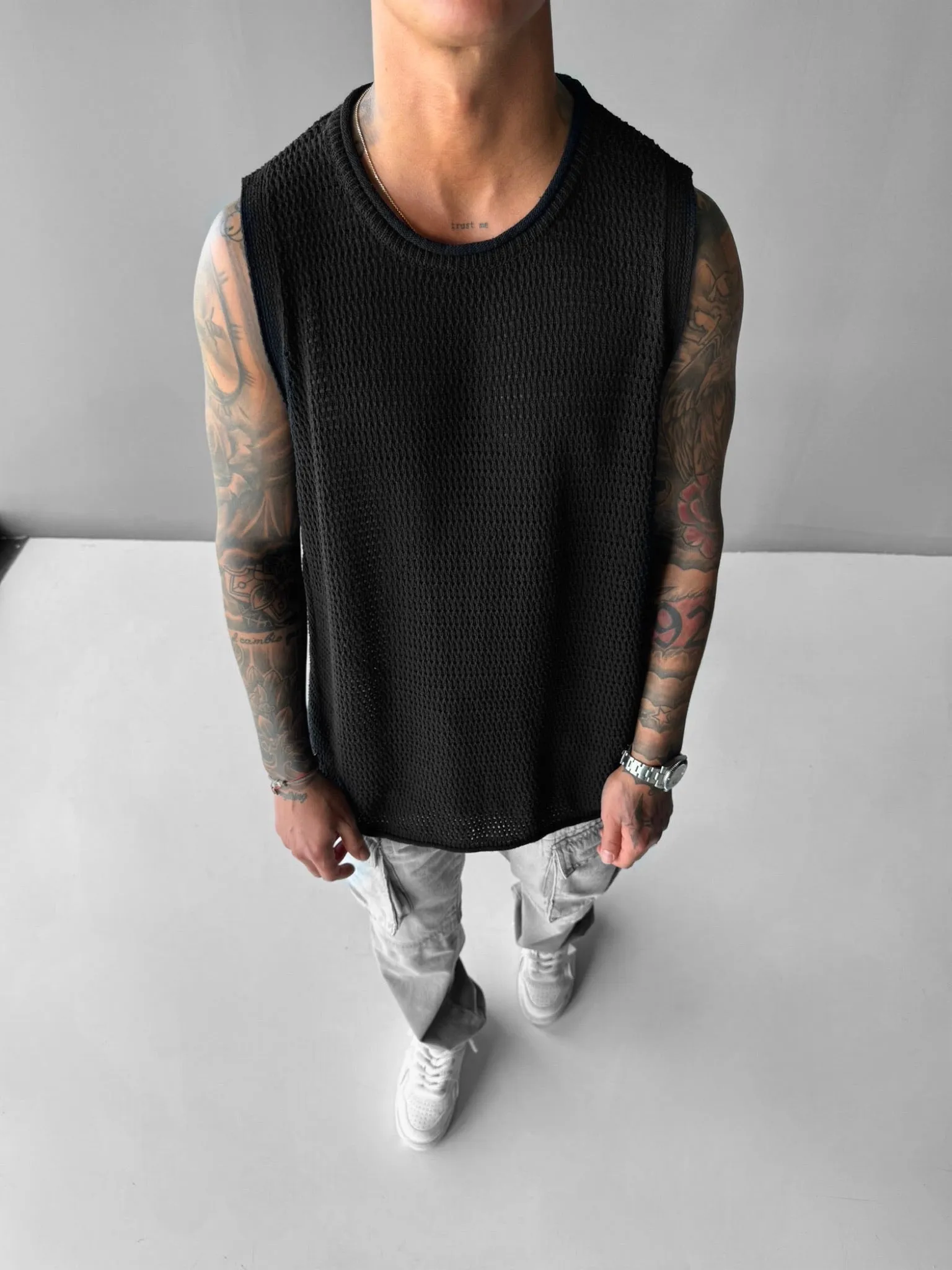 Oversize Knit Tank Top - Black