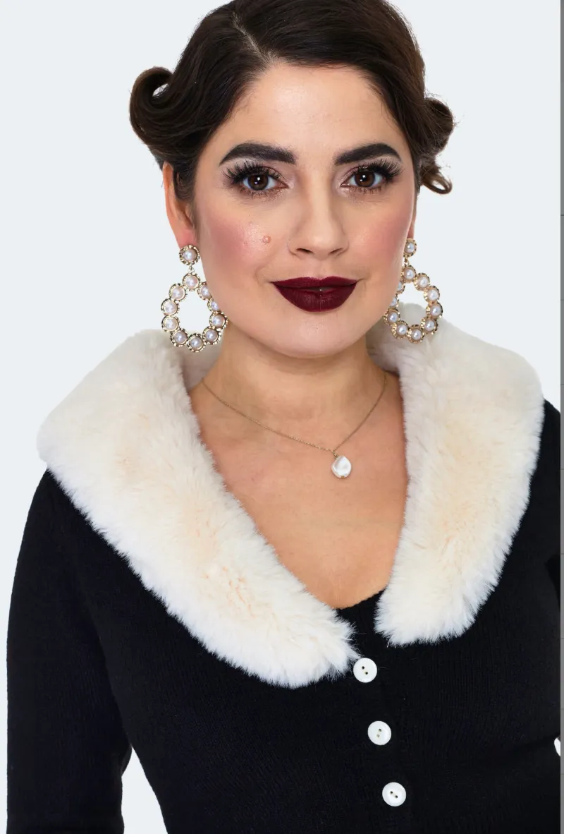 Retro Cream Faux Fur Collar Crop Cardigan