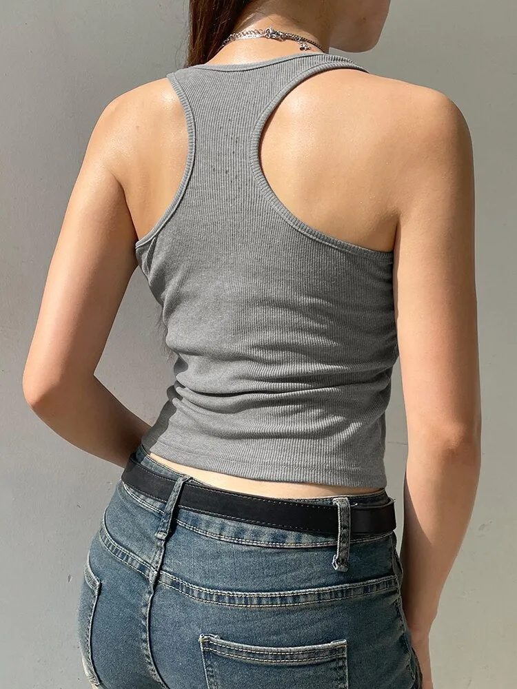 Ribbed Knit Sweat Tank Graphic Print Top