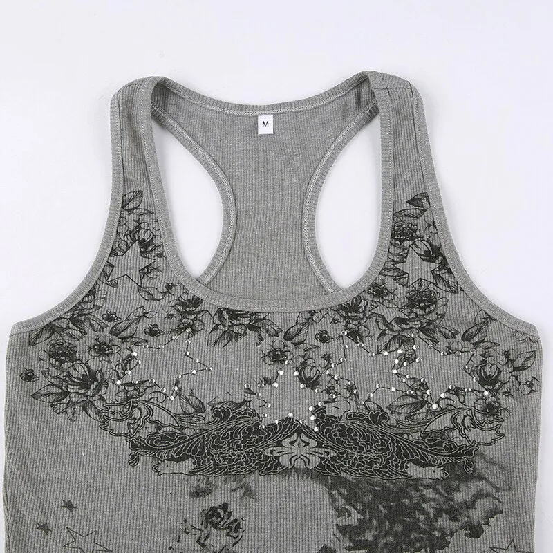 Ribbed Knit Sweat Tank Graphic Print Top