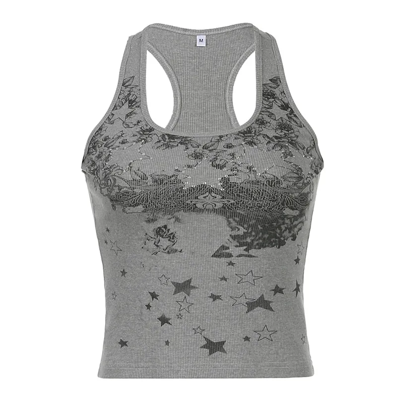 Ribbed Knit Sweat Tank Graphic Print Top