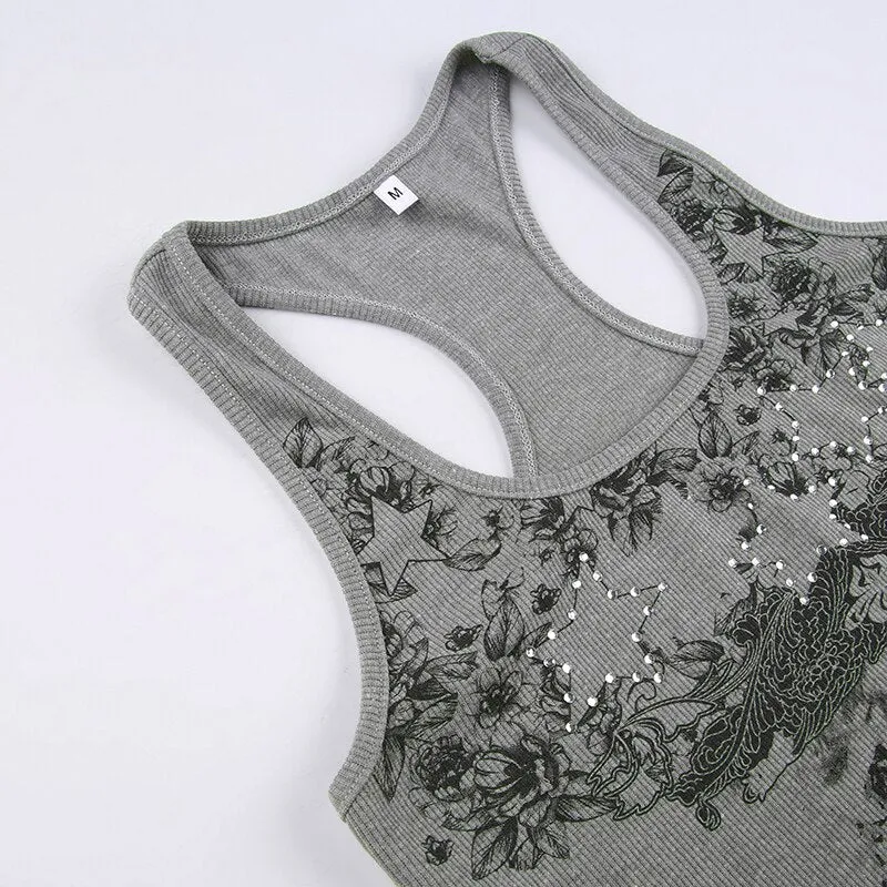 Ribbed Knit Sweat Tank Graphic Print Top