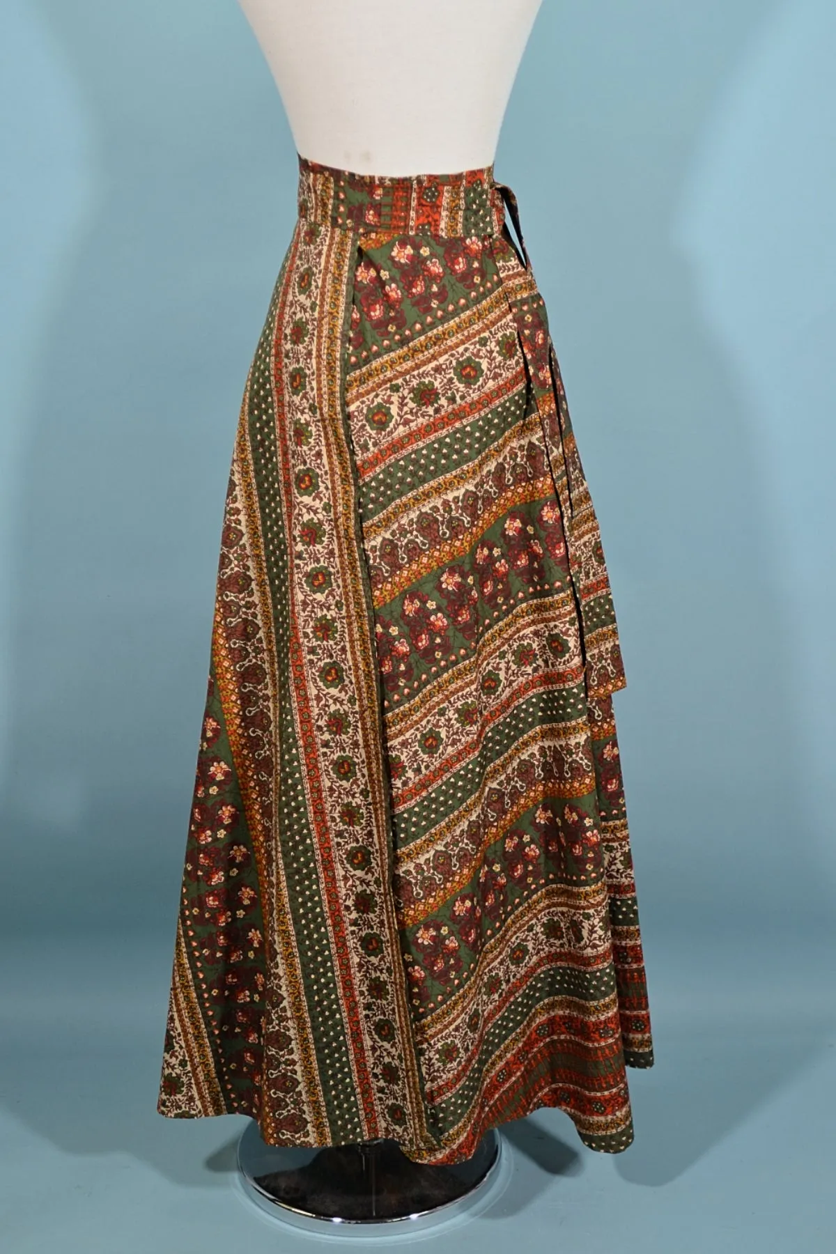 SOLD Vintage Indian Block Print Hippie Maxi Skirt, Wrap Skirt Attached Sash