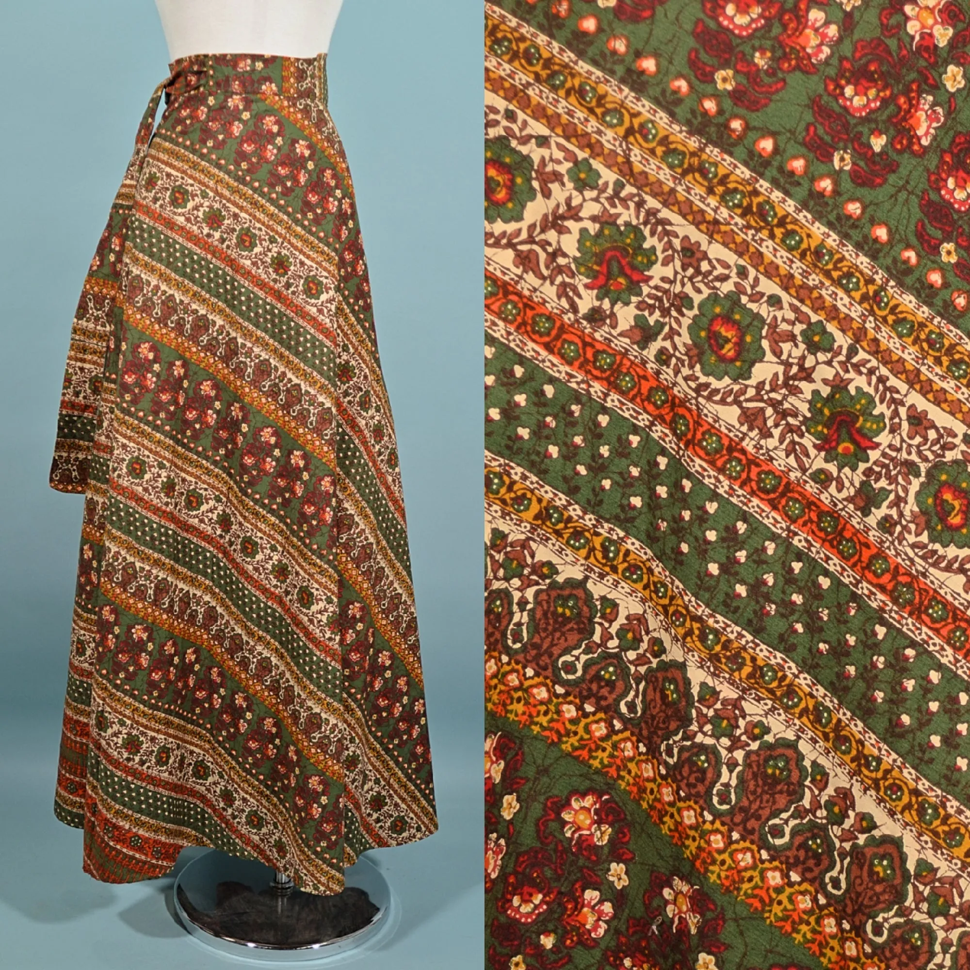 SOLD Vintage Indian Block Print Hippie Maxi Skirt, Wrap Skirt Attached Sash