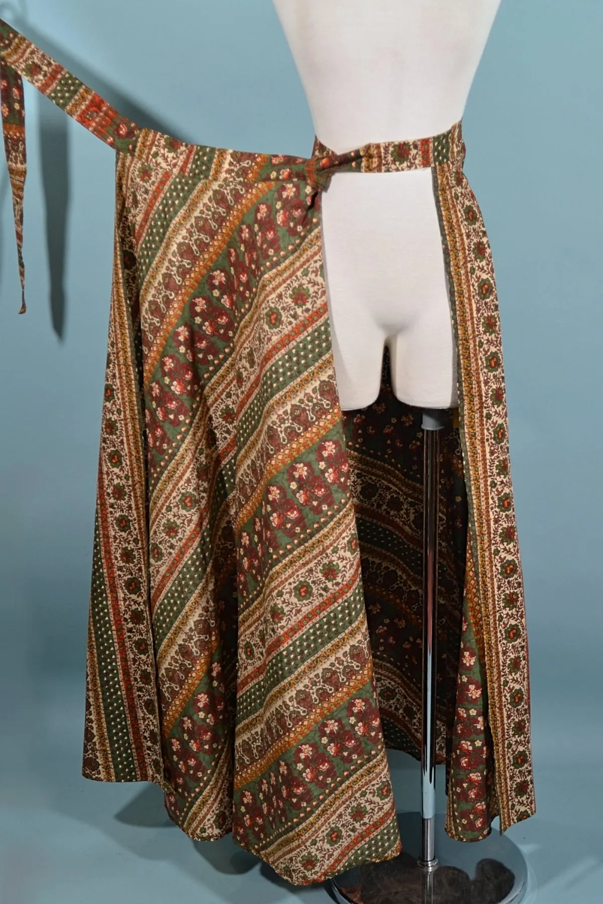 SOLD Vintage Indian Block Print Hippie Maxi Skirt, Wrap Skirt Attached Sash