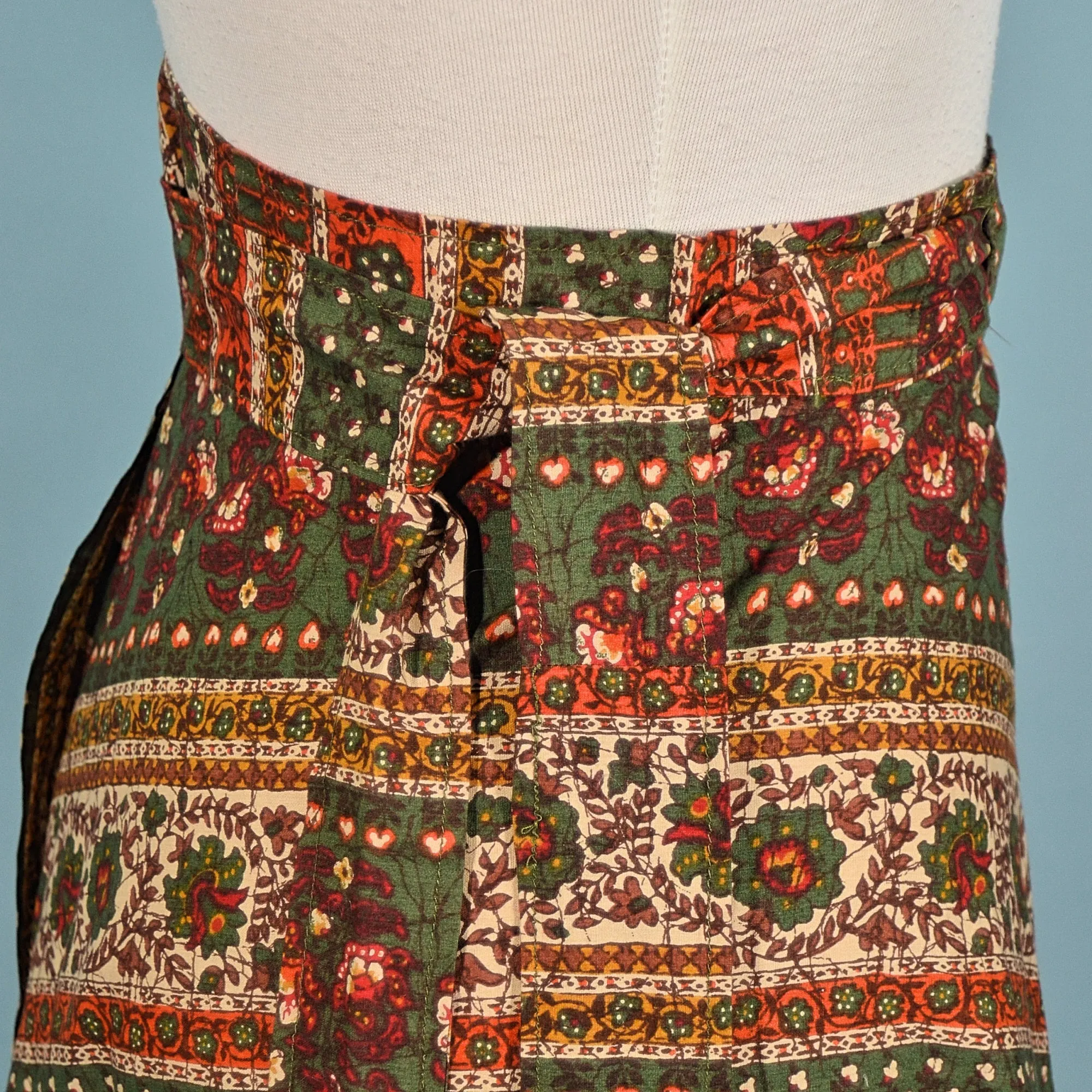 SOLD Vintage Indian Block Print Hippie Maxi Skirt, Wrap Skirt Attached Sash