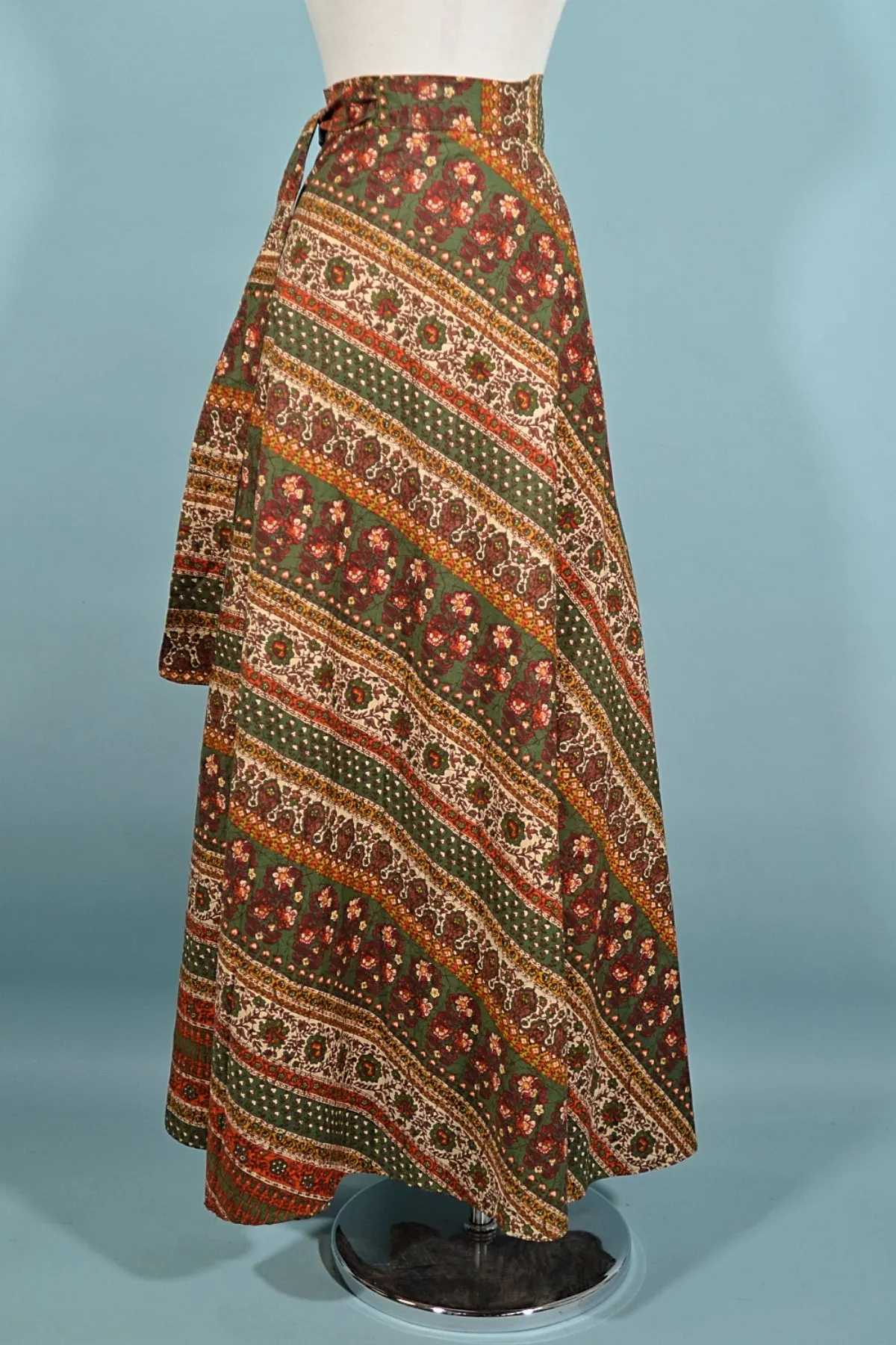 SOLD Vintage Indian Block Print Hippie Maxi Skirt, Wrap Skirt Attached Sash