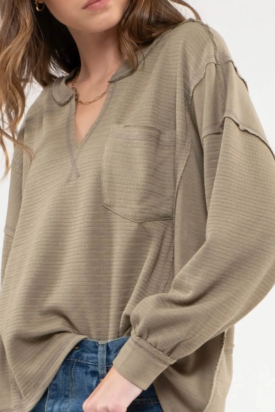 SOLID PATCHWORK SPLIT NECK KNIT TOP
