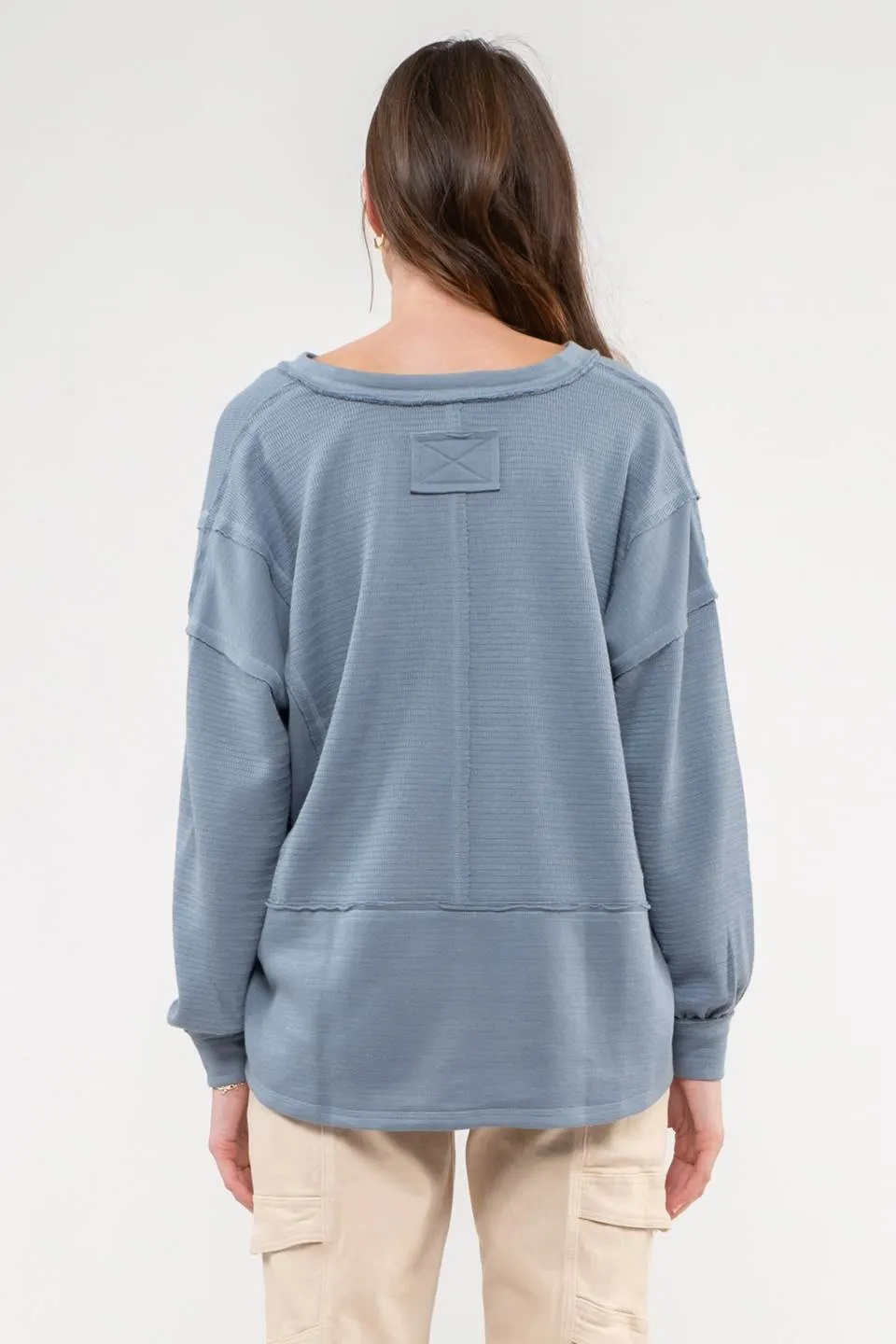 SOLID PATCHWORK SPLIT NECK KNIT TOP