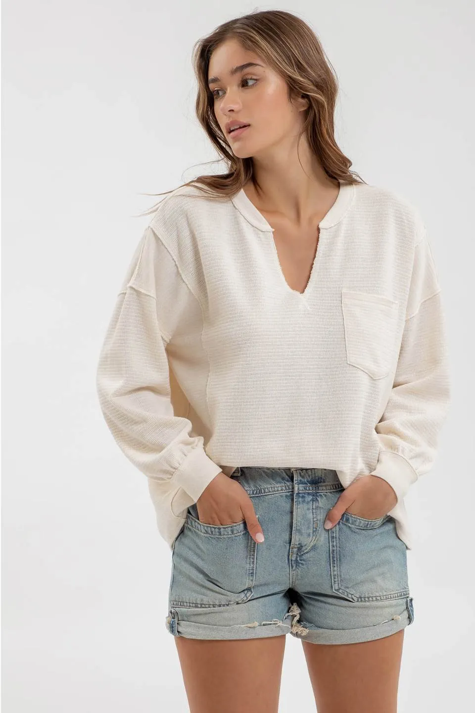 SOLID PATCHWORK SPLIT NECK KNIT TOP