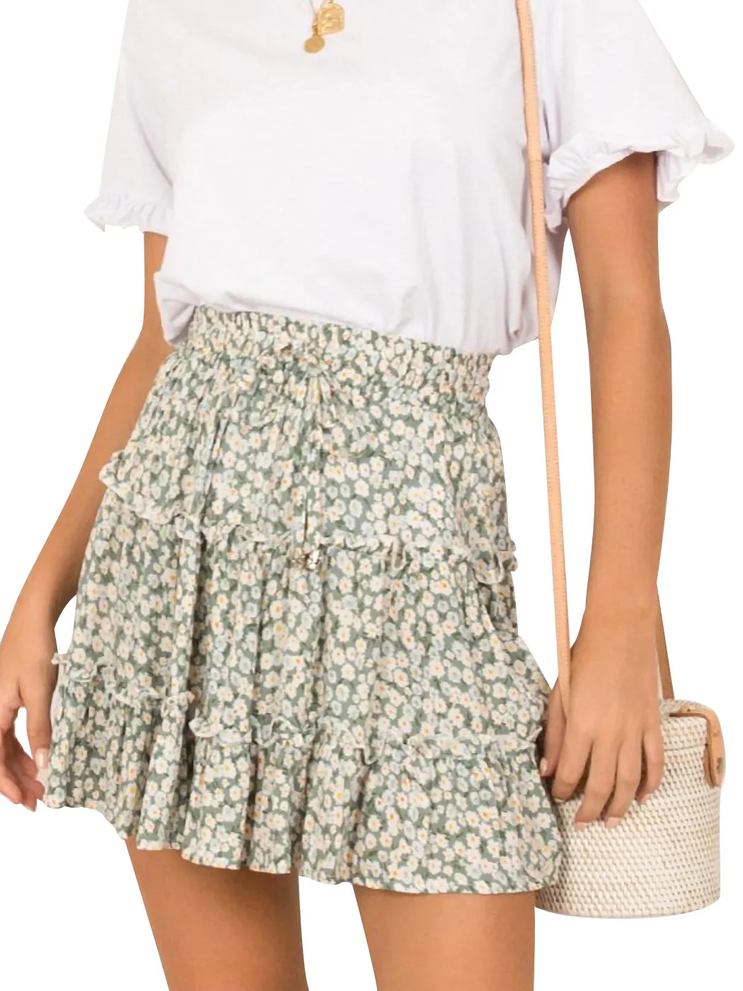 Summer Boho Floral Printed Elastic Waist Drawstring Frill Trim Ruffle Mini Skirts