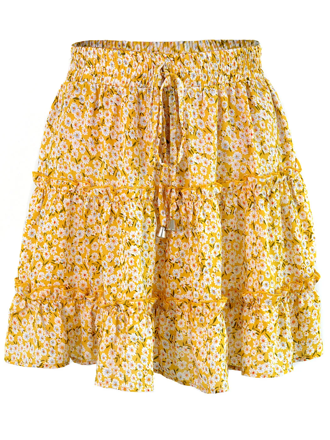 Summer Boho Floral Printed Elastic Waist Drawstring Frill Trim Ruffle Mini Skirts