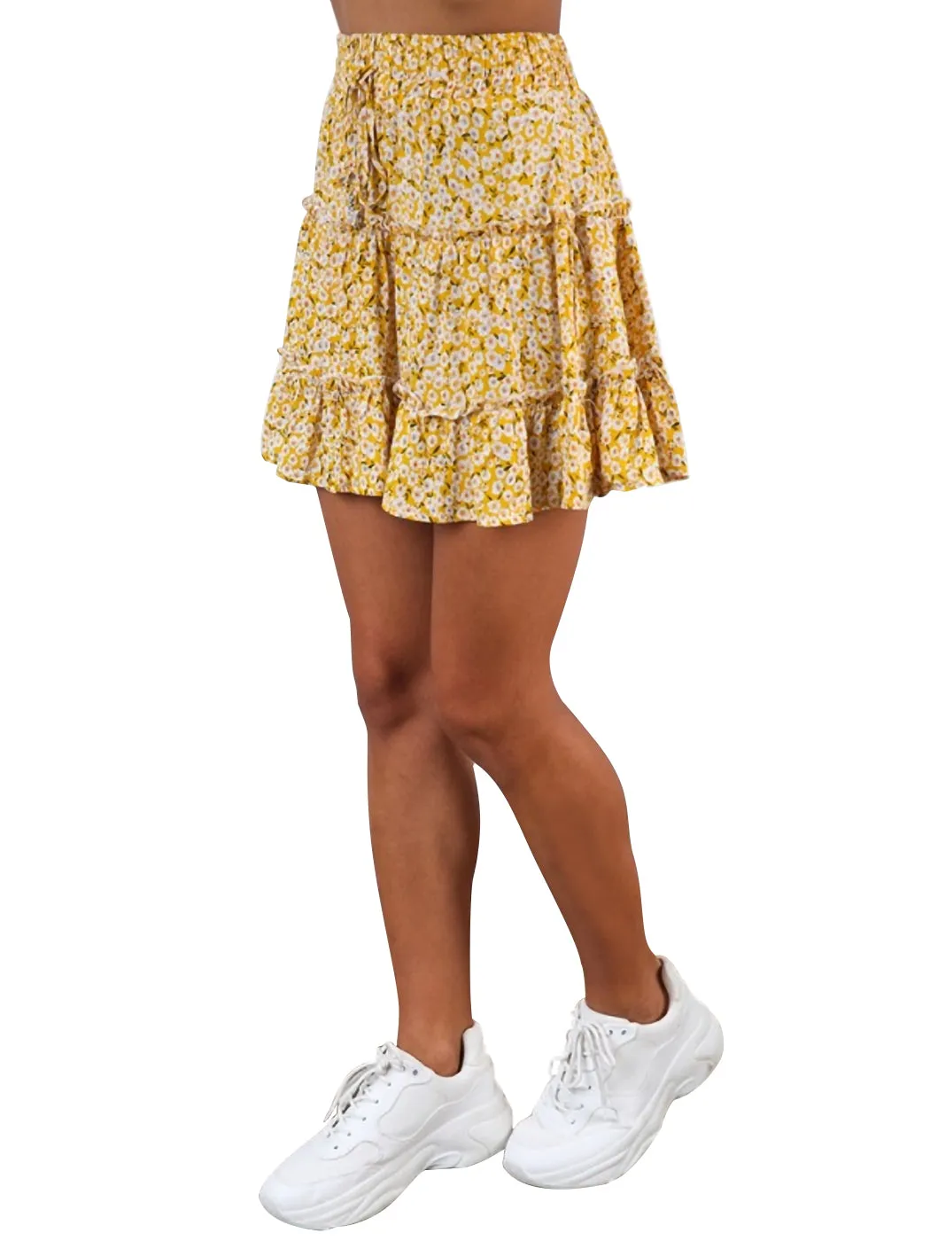 Summer Boho Floral Printed Elastic Waist Drawstring Frill Trim Ruffle Mini Skirts