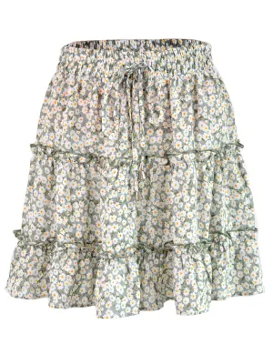 Summer Boho Floral Printed Elastic Waist Drawstring Frill Trim Ruffle Mini Skirts