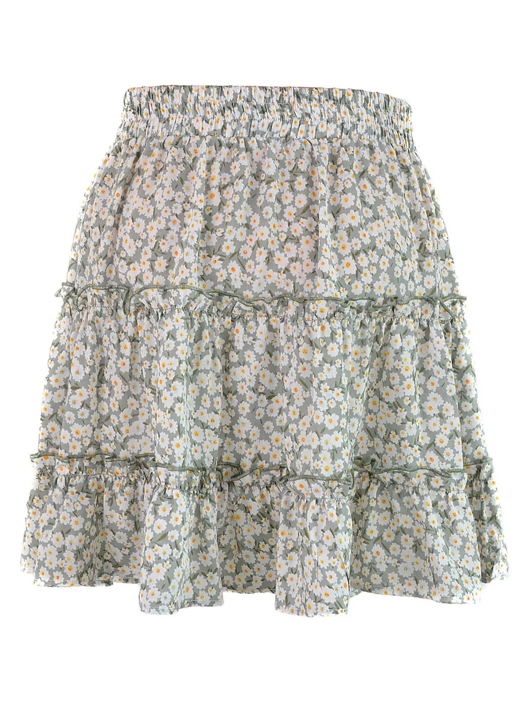 Summer Boho Floral Printed Elastic Waist Drawstring Frill Trim Ruffle Mini Skirts