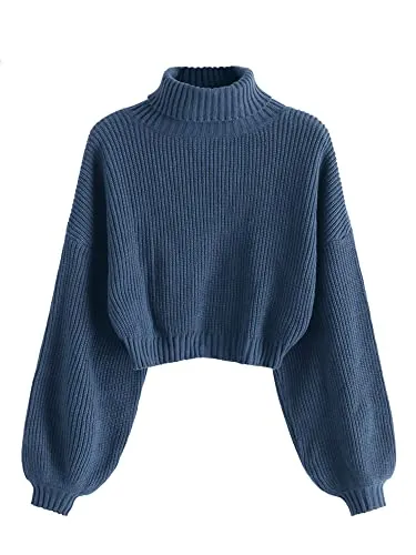 ZAFUL Women's Cropped Turtleneck Sweater Lantern Sleeve Ribbed Knit Pullover Sweater Jumper (2-Blue, M)